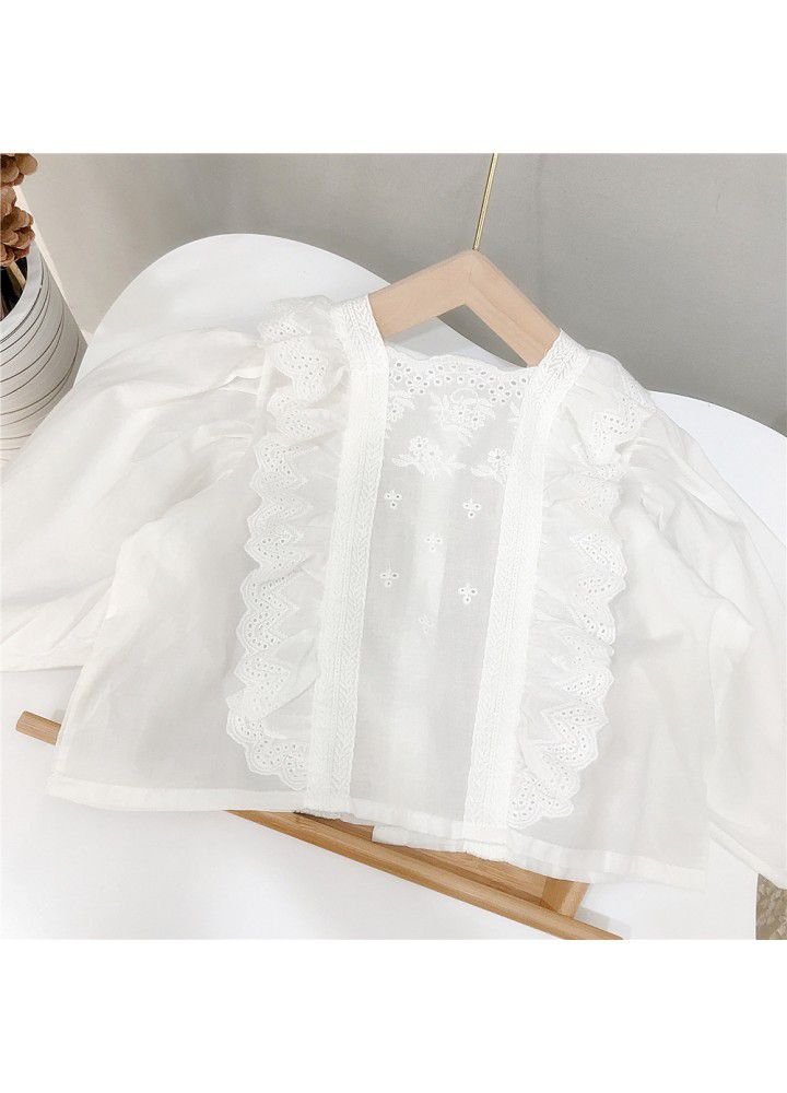 Spring European and American style white shirt girl's loose hollow out embroidery cover lining children's long sleeve lace shirt top