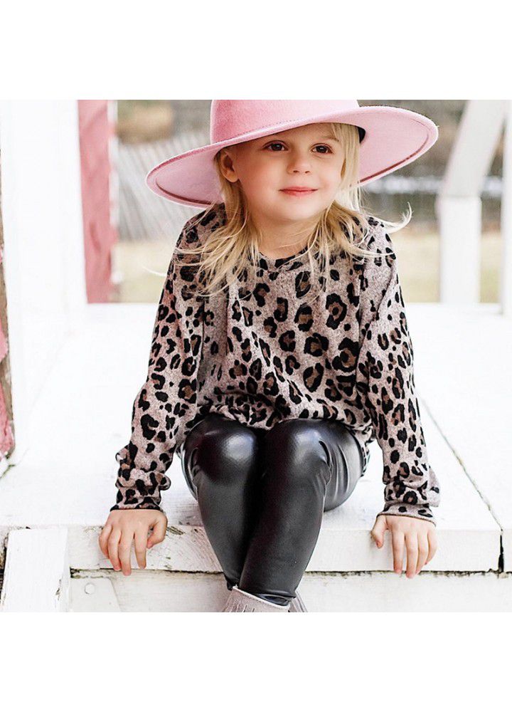 A188ᦇforeigntradegirls'middleandprimaryschoolchildren'ssetleopardprintroundnecklongsleevesweaterleatherpantsunderpantstwopieceset 