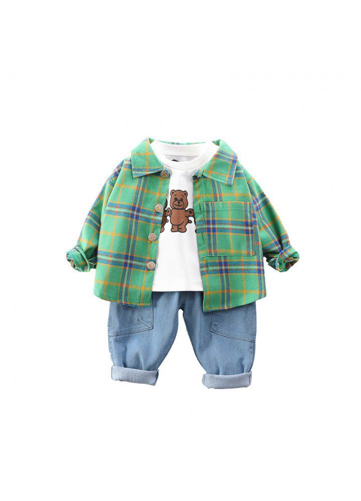2020 autumn spot children's clothing foreign trade Plaid Shirt coat jeans pants boy's suit cute bear