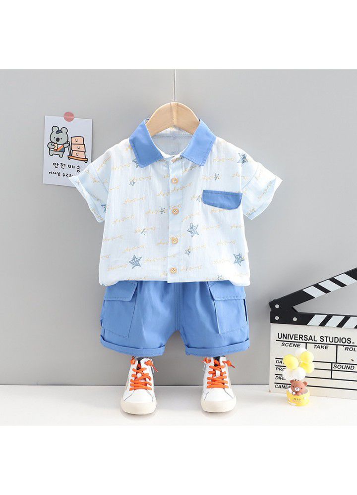 Foreign trade children's clothing wholesale 1-4 boys' foreign style Lapel Short Sleeve Shirt Set